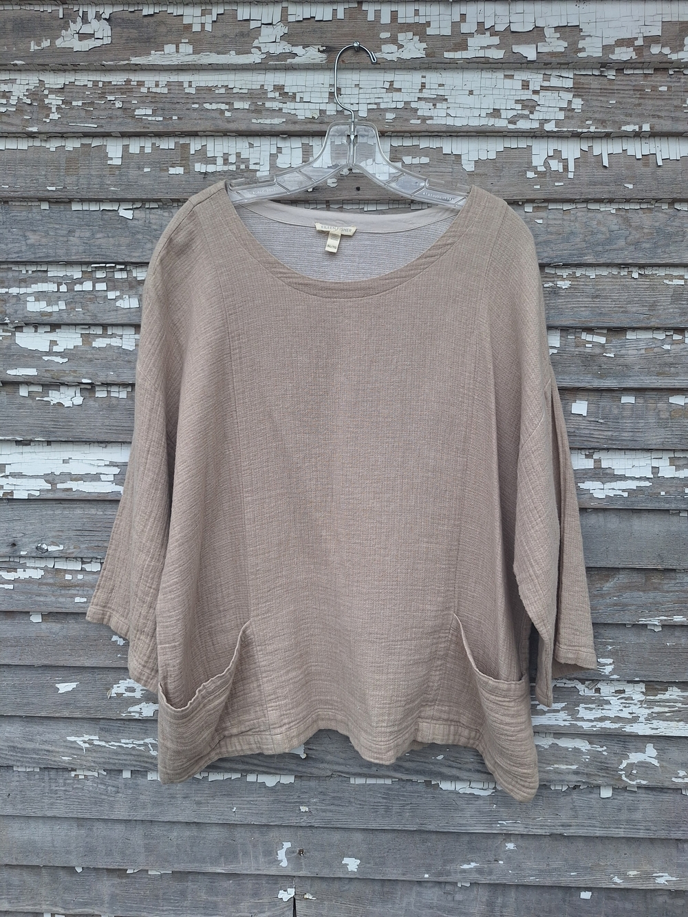Eileen Fisher Neutral Taupe Scoop Neck Pocket Blouse Size XL